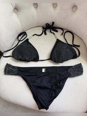 Black Mesh Fishnet Accent Triangle Bikini Set